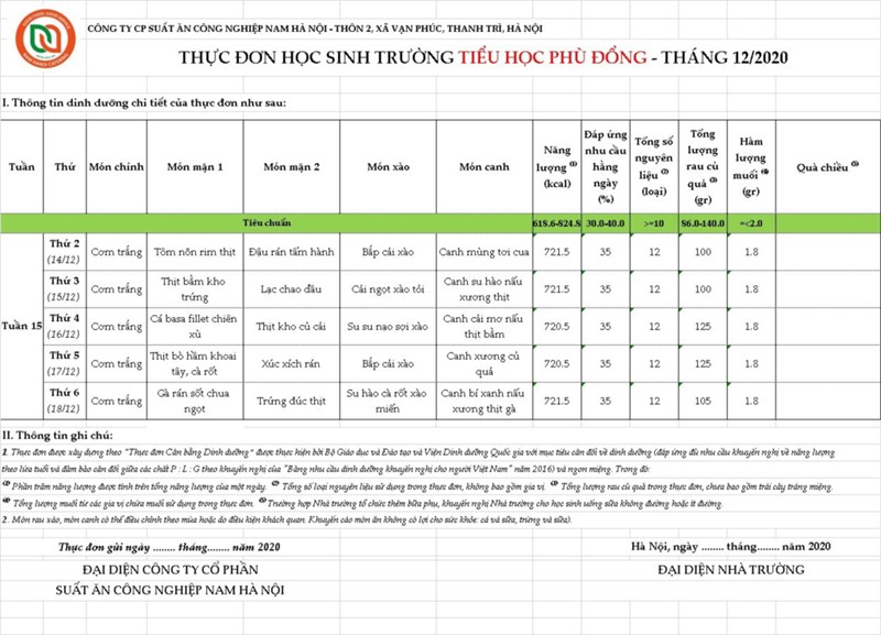 Thực đơn bán trú tuần từ 14/12 đến 16/12/2020